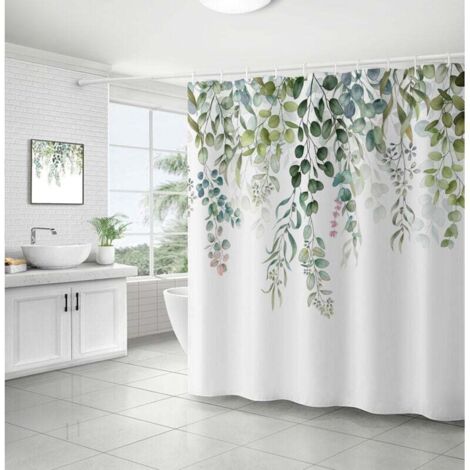 Rideau Douche Feuilles Vert, Rideau de Douche Eucalyptus Rideau Salle de Bain Anti Moisissure Imperméable Tissu Polyester Lavable Opaque Rideaux Douche avec Crochets pour Baignoire 180x180cm
