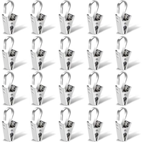Rideau en Acier Inoxydable Pince, 20 Pièces 35 mm Tringle à Rideau Clips, Douche Anneaux Pinces, Crochets Anneaux à Pince Argent