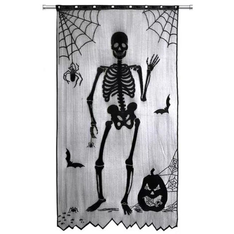 Rideau en dentelle d'Halloween, décoration de porte ou de fenêtre, rideau squelette noir pour fête à thème à la maison