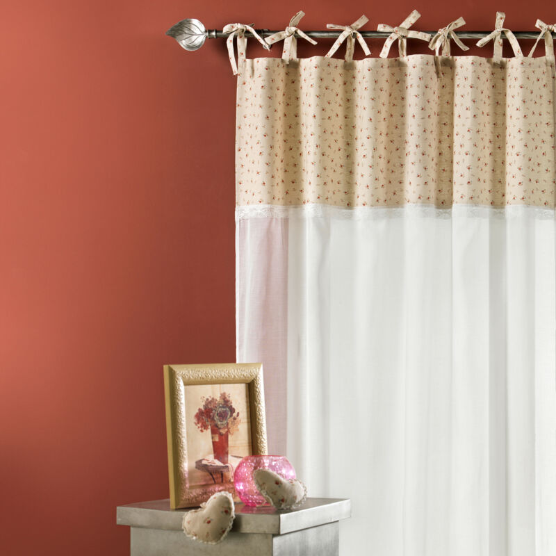 Rideau en Voile de Coton avec Parement Imprimé Ivoire 135x260 cm