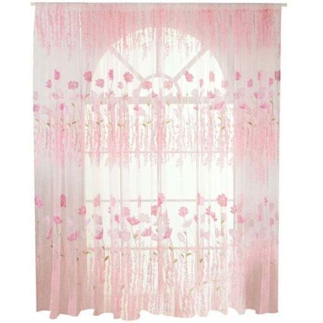 Rideau en Voile/Tulle à Motif Floral en Polyester - Décoration pour Chambre ou Salon (Rose)