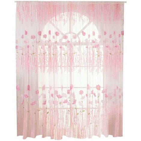 Rideau en Voile/Tulle à Motif Floral en Polyester - Décoration pour Chambre ou Salon (Rose)