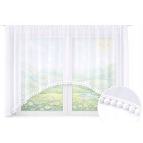 Rideau enfant Maja pour fille, mignon, à pompons, 400 x 145, blanc