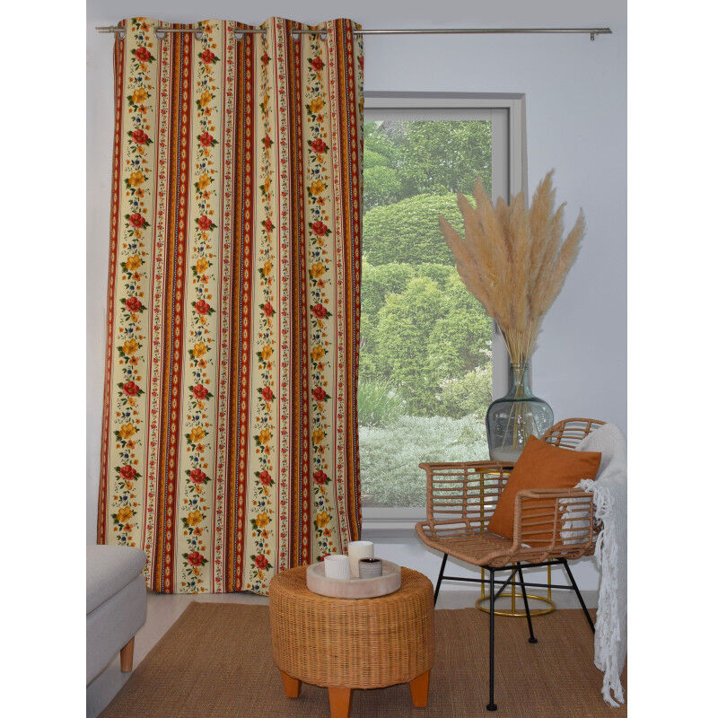 Rideau fleuri à rayures vintage – 140x250 cm – Ambiance campagne chic - 140x250cm - Ecru