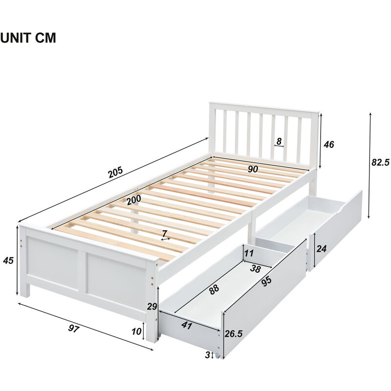 90x200cm Lit en bois, lit simple, lit d'adolescent, lit d'adulte, avec tiroirs de rangement, cadre en pin, blanc l&h