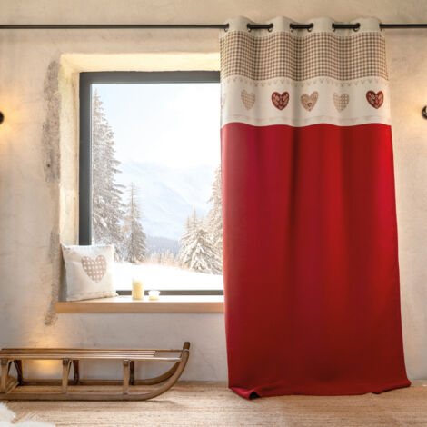 Rideau jacquard à œillets avec haut vichy et motifs cœurs Rouge 140x260 cm