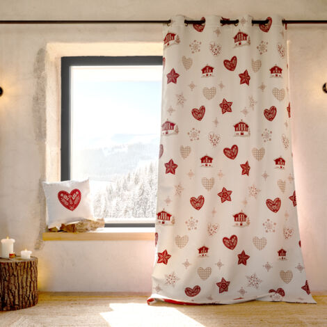 Rideau jacquard d’ameublement avec motifs chalets et cœurs Rouge 140x260 cm