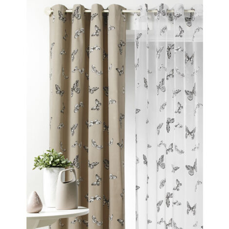 Rideau jacquard imprimés de papillons Beige 140x260 cm
