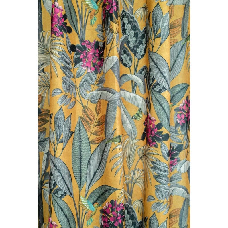 Rideau jungle, feuillage tropical vert sur fond jaune 140x245 cm passants invisibles, polyester, entretien facile