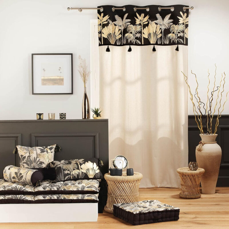 Rideau Karaba - 140 x 240 cm, Coton Uni avec Top Imprimé et Pompons