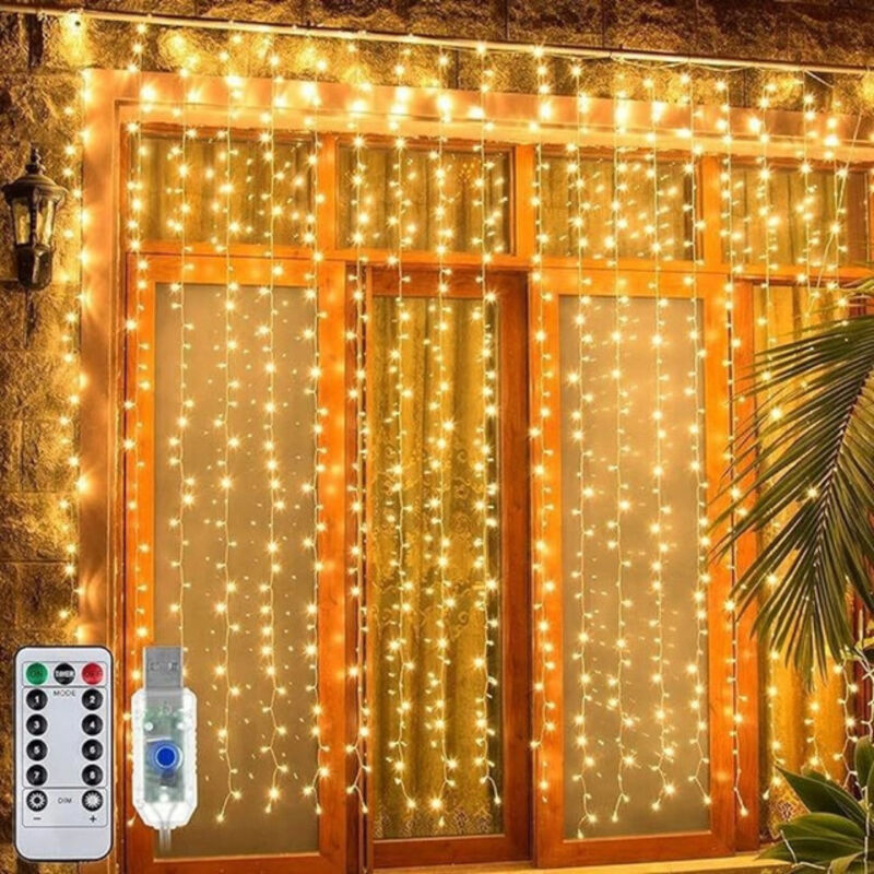 Rideau LED 3x3m, 8 modes avec télécommande, fond décoratif chaud