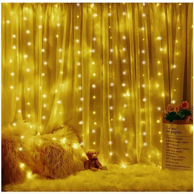 Rideau Lumineux, 3M3M Guirlande Lumineuse LED, 8 Modes d'Eclairage Blanc Chaud, Decoration de Fenêtre, Noël, Mariage, Anniversaire, Maison,