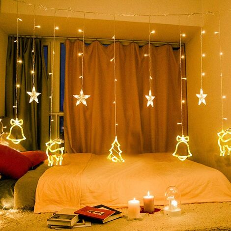 Rideau lumineux à 138 LED - Guirlande lumineuse avec étoiles et motifs de Noël - Éclairage de Noël intérieur/extérieur - Prise européenne - Étanche - Décoration de Noël (blanc chaud)