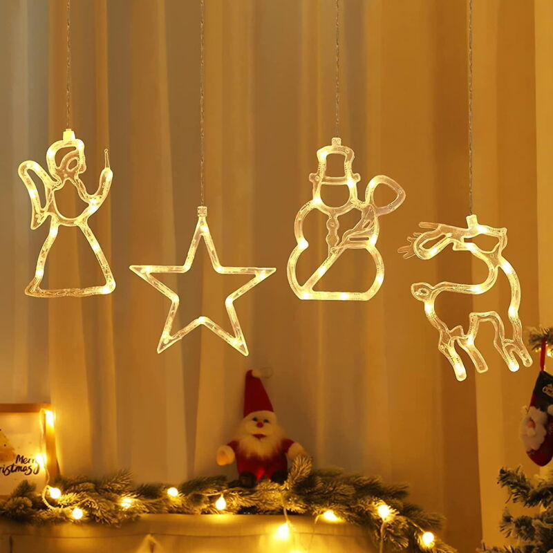 Rideau lumineux de Noël, décoration de fenêtre, lumière blanche chaude avec ventouse, lumières led à ventouse, guirlande lumineuse led pour