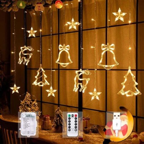 Rideau lumineux de Noël. guirlande lumineuse en forme de cloche d'élan. 3.5 m. 8 modes. guirlande USB et télécommande pour fenêtre de chambre. mariage. décorations de Noël