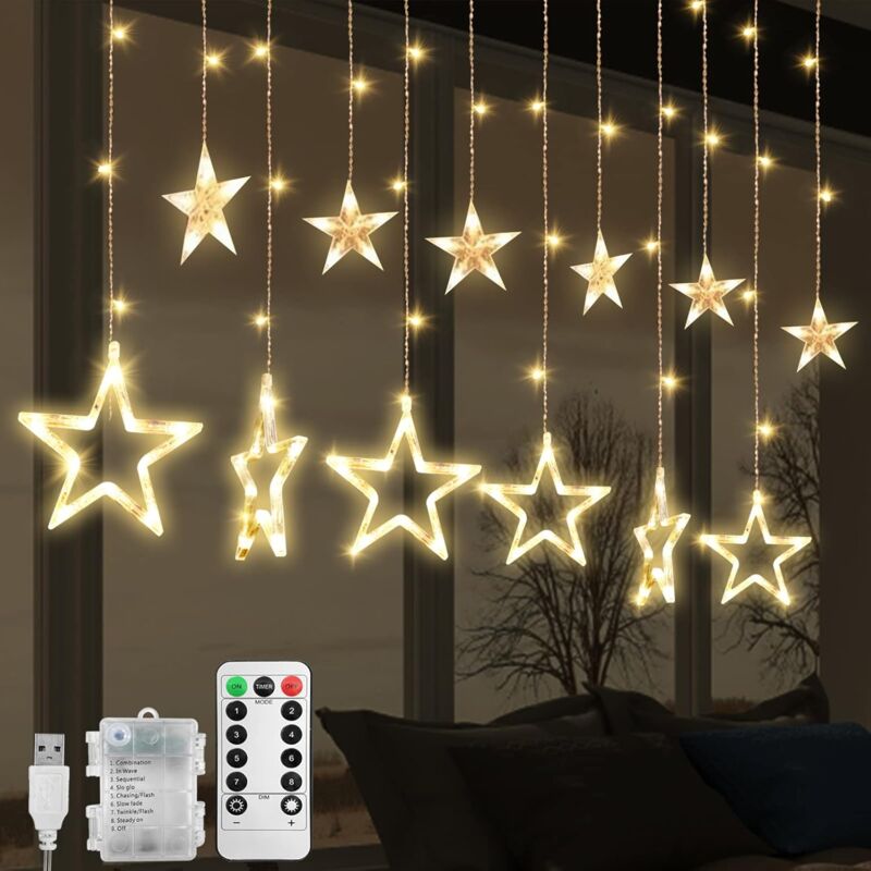 Rideau Lumineux Étoile, 12 Étoiles LED Guirlande Lumineuse de Fenêtre avec 8 Modes Clignotant Décoration pour Noël, Mariage, Fête, Maison, Chambre (A