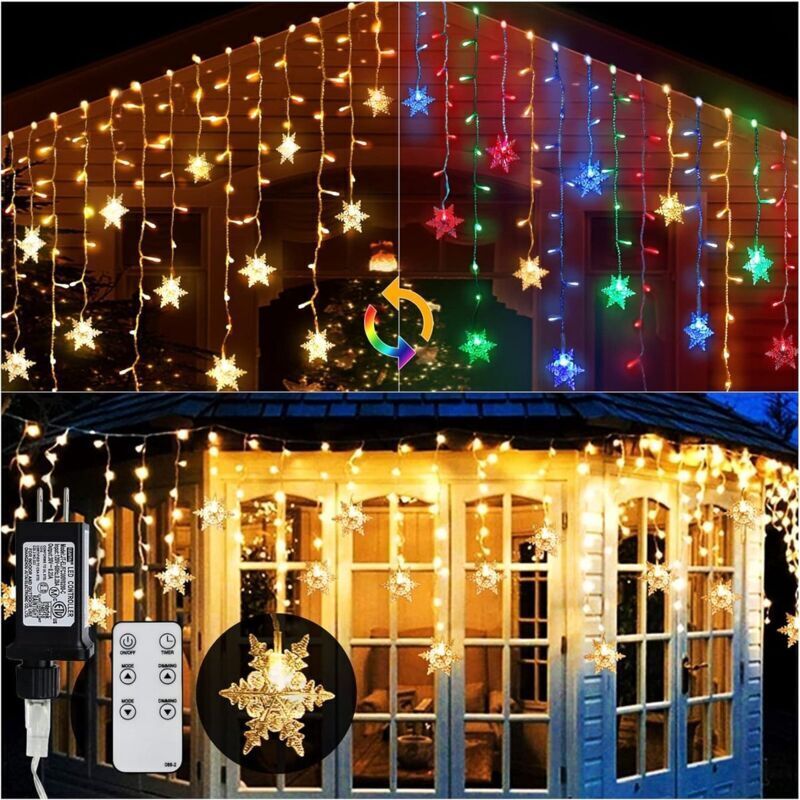 RHG Rideau lumineux LED coloré, flocon de neige, 9 m 360 LED, IP44 étanche, longue guirlande lumineuse LED flocon de neige avec 8 modes