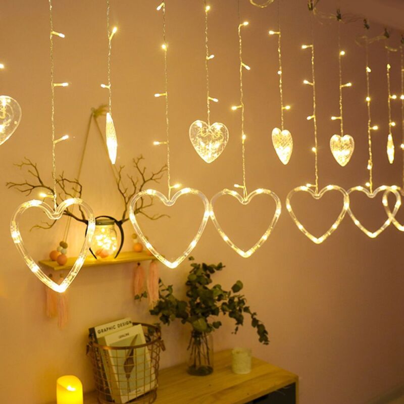 Rideau lumineux led en forme de cœur guirlande lumineuse 8 modes d'éclairage décoration de fête 3 m blanc chaud
