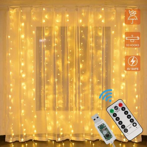Rideau lumineux LED, rideau de chaîne lumineuse USB, 8 modes avec télécommande, chaîne lumineuse pour chambre à coucher, décoration intérieure extérieure, fête mariage Noël anniversaire jardin