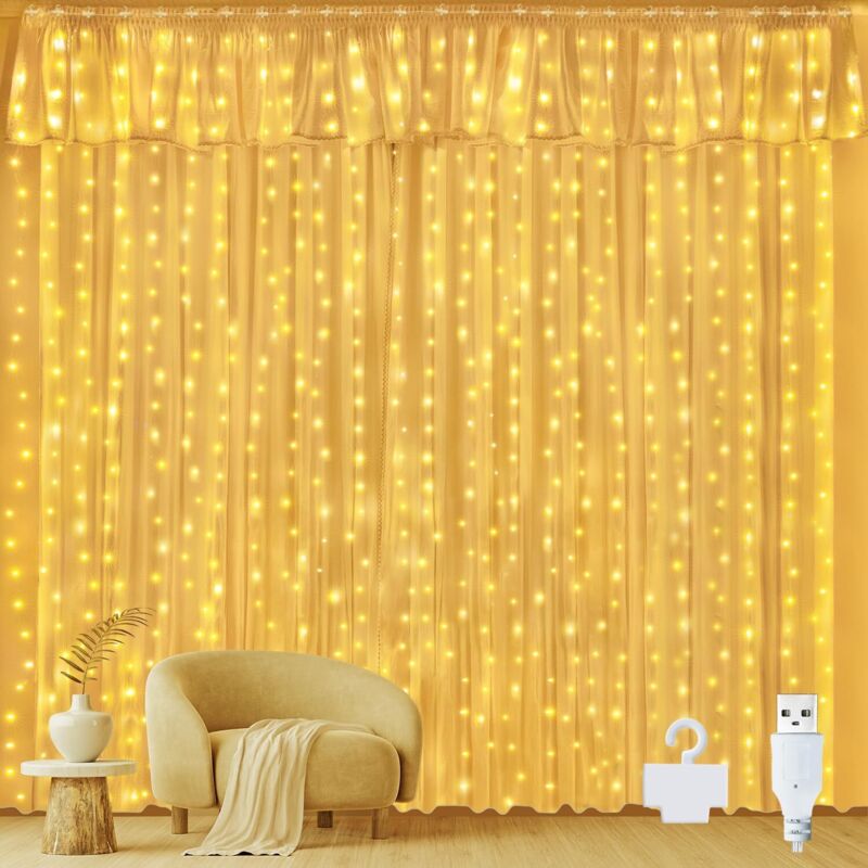 Rideau Lumineux Noel 3m x 3m, 300 LED Guirlande Lumineuse Rideau Blanc chaud USB Guirlande Lumineuse Imperméable pour Chambre Noël Mariage