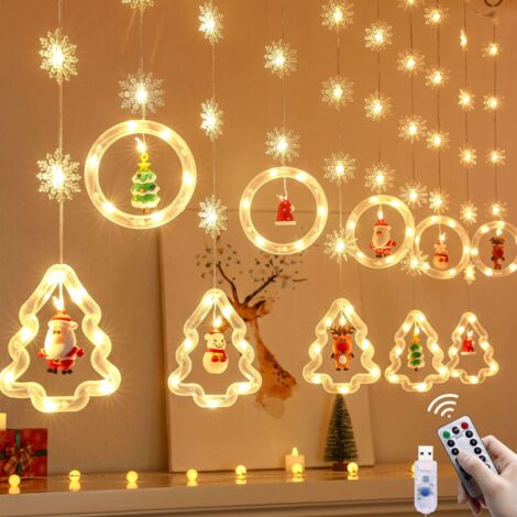 Rideau Lumineux Sapin De Noël Étoiles Avec Figurine, Led Guirlande Pour Fenêtre Intérieur, Balcon, Terrasse