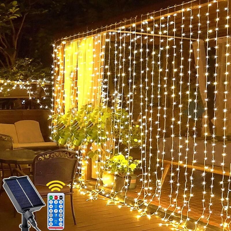 Rideau Lumineux Solaire Extérieur, 3m x 3m 300LED Lumineuse Solaire avec Télécommande, 8 Modes Cascade Solaire d'extérieur étanche pour Jardin,