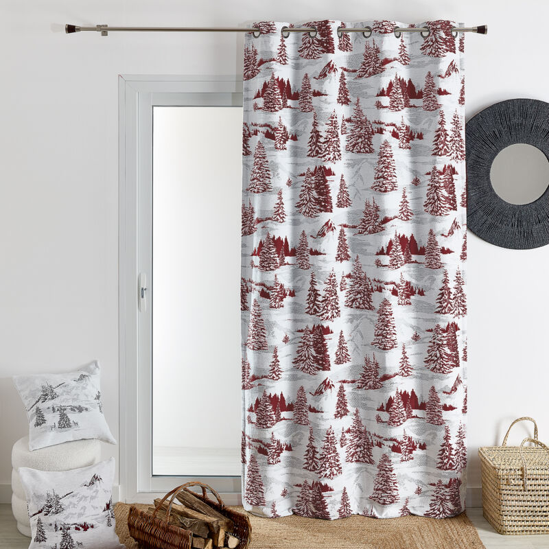Rideau montagne sapins enneigés Bordeaux 140x260 cm