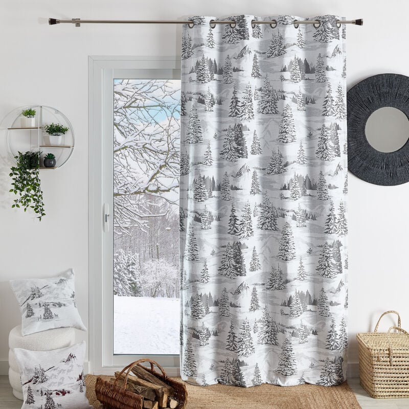 Rideau montagne sapins enneigés Gris clair 140x260 cm