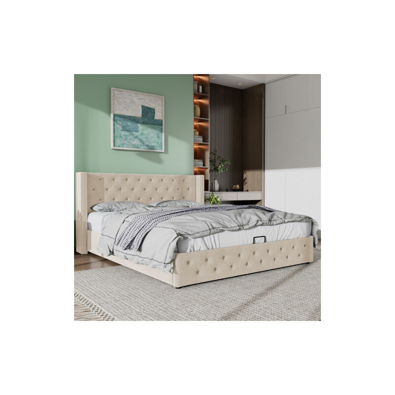 Lit coffre 160x200 cm, lit double capitonné beige, lit adulte en forme d'oreiller, fond de lit en non-tissé imperméable noir, sans matelas