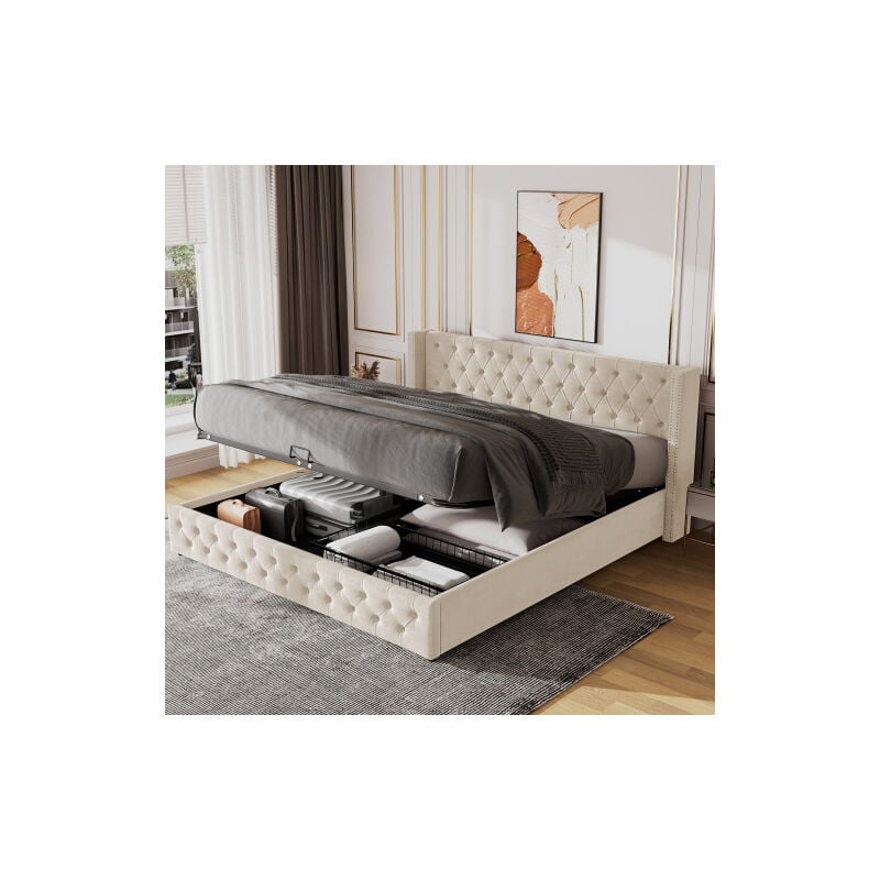 Hommoo - Lit coffre 180x200 cm, lit double capitonné beige, lit adulte en forme d'oreiller, fond de lit en non-tissé imperméable noir, sans matelas