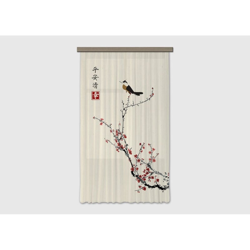 Rideau occultant arbre japonais avec oiseau - 140 cm x 245 cm