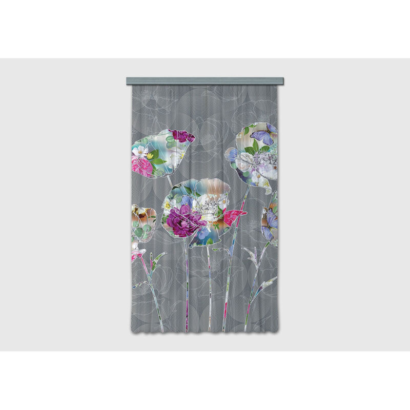 Ag Art - Rideau occultant fleurs sur fond gris - 140 cm x 245 cm