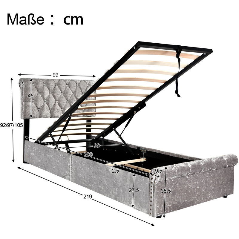 L&h-cfcahl - Lit rembourré 90x200 avec sommier à lattes et tête de lit, lit pour adolescents, lit rembourré avec tête de lit réglable en hauteur,