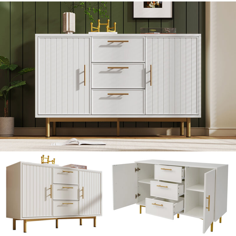 Commode 2 portes et 3 tiroirs, Blanc Commodes à portes avec tiroirs, étagères réglables, pour salon chambre à coucher, Blanc-H75/B120/T40 cm l&h