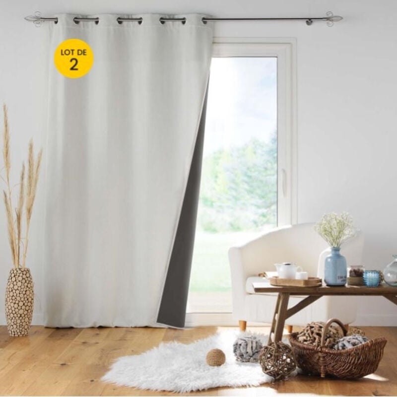 Douceur D'intérieur - Lot de 2 Rideau à oeillets 140 x 260 cm doublé polaire isolant Jupiter Naturel
