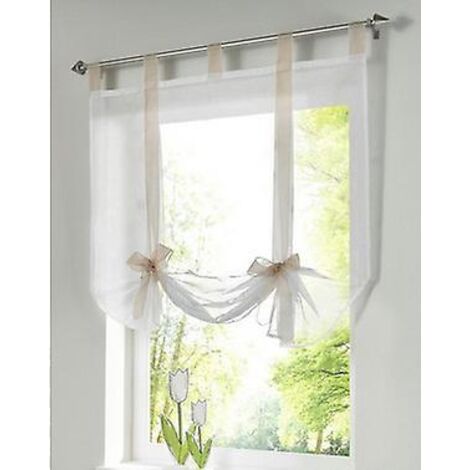 Rideau romain en voile blanc brodé avec un adorable détail de nœud pour chambre à coucher - 140 cm x 140 cm