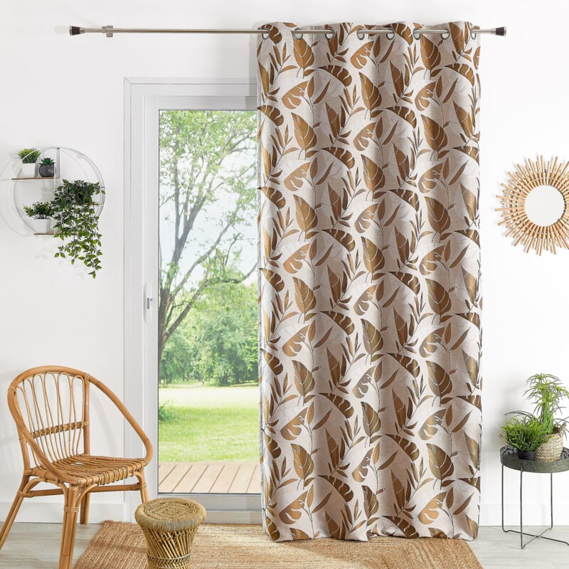 Rideau tamisant à oeillets motif feuilles Jaune Ocre 140x260 cm