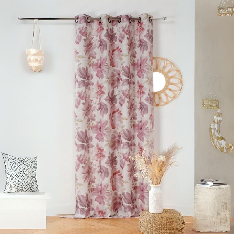 Rideau tamisant aux fleurs aquarellées Rose Clair 145x260 cm
