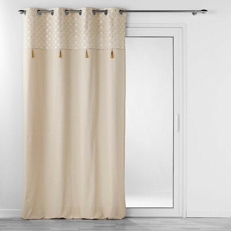 Rideau à oeillets en coton avec imprimé éventails + pompons Rafina - Beige et Doré - 140 x 240 cm - Livraison gratuite