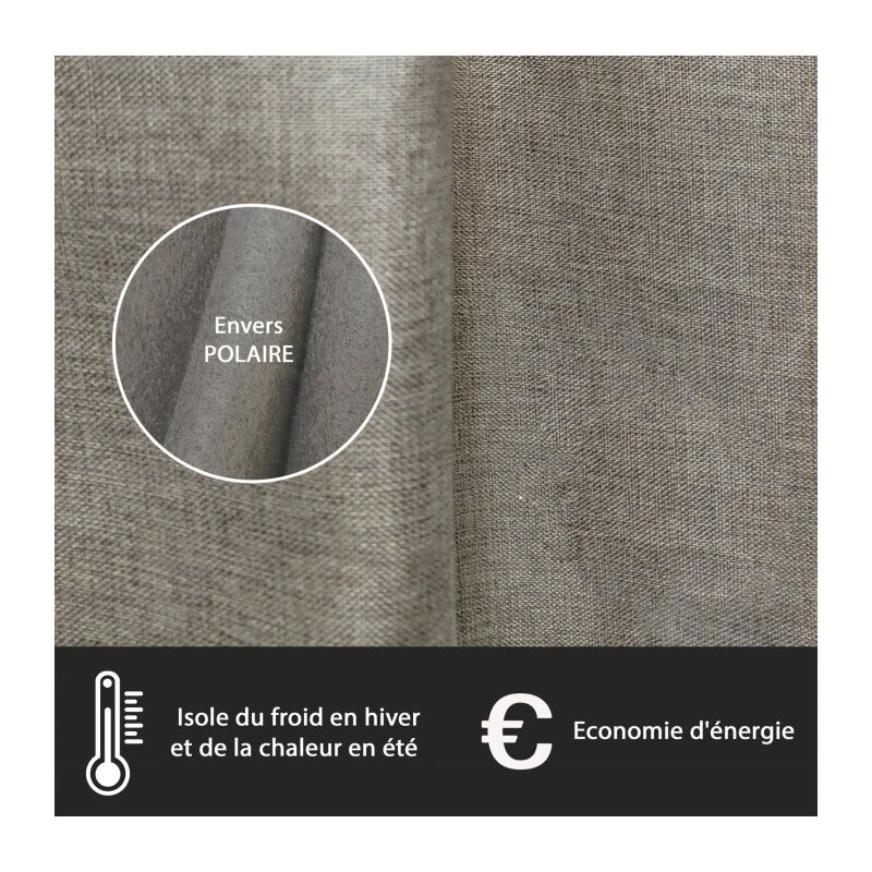 Rideau thermique effet lin chiné doublé polaire ton sur ton à œillets, Taupe - 135x240cm prêt a poser Atout Ciel