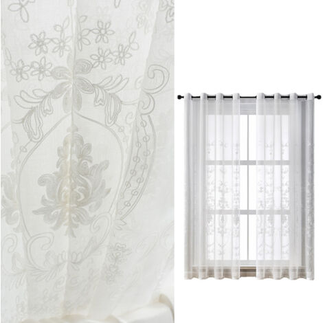 Rideau transparent blanc à 2 panneaux, style européen, brodé, en tulle floral européen