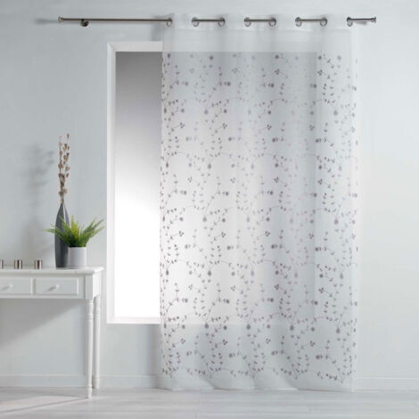 Rideau Voilage à Œillets "Petite Fleur" 140x240cm Blanc & Gris
