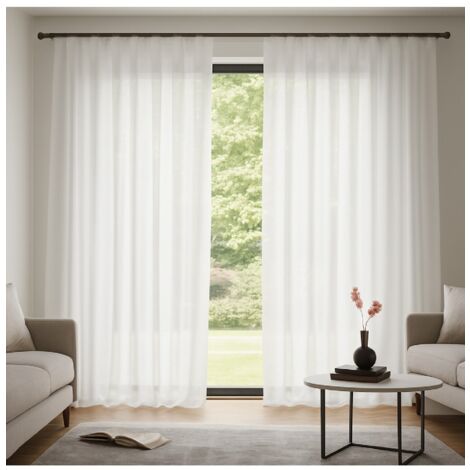 Rideau voilage étamine effet lin avec ruflette 140x250 cm Coloris - Blanc