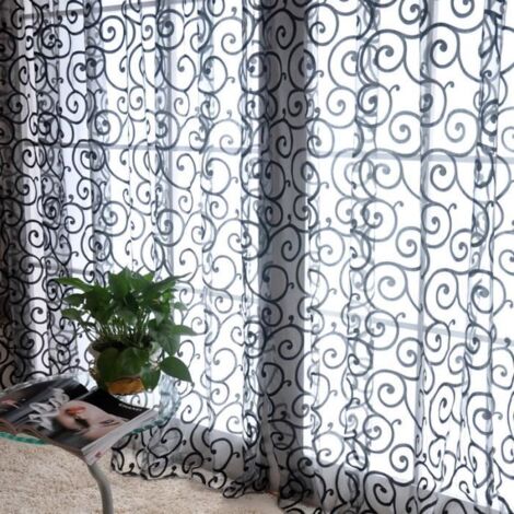 Rideau Voilages à OEillet Flocage Motif Crochet Décoration Chambre Salon 100270cm Noir