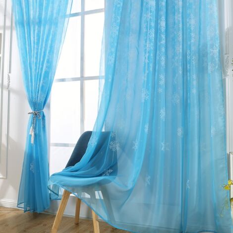Rideau Voile Imprimé Motif Flocons Transparent pour Chambre et Salon Bleu Ciel
