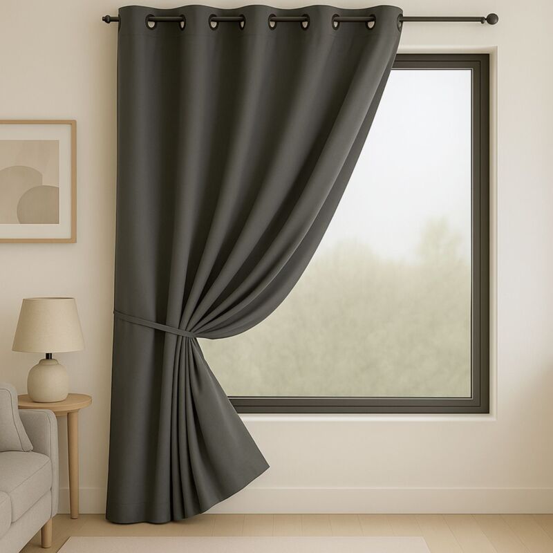 Homemaison - Rideau 100% Occultant Ignifugé M1 Non Feu Gris Gris clair 240x260 cm