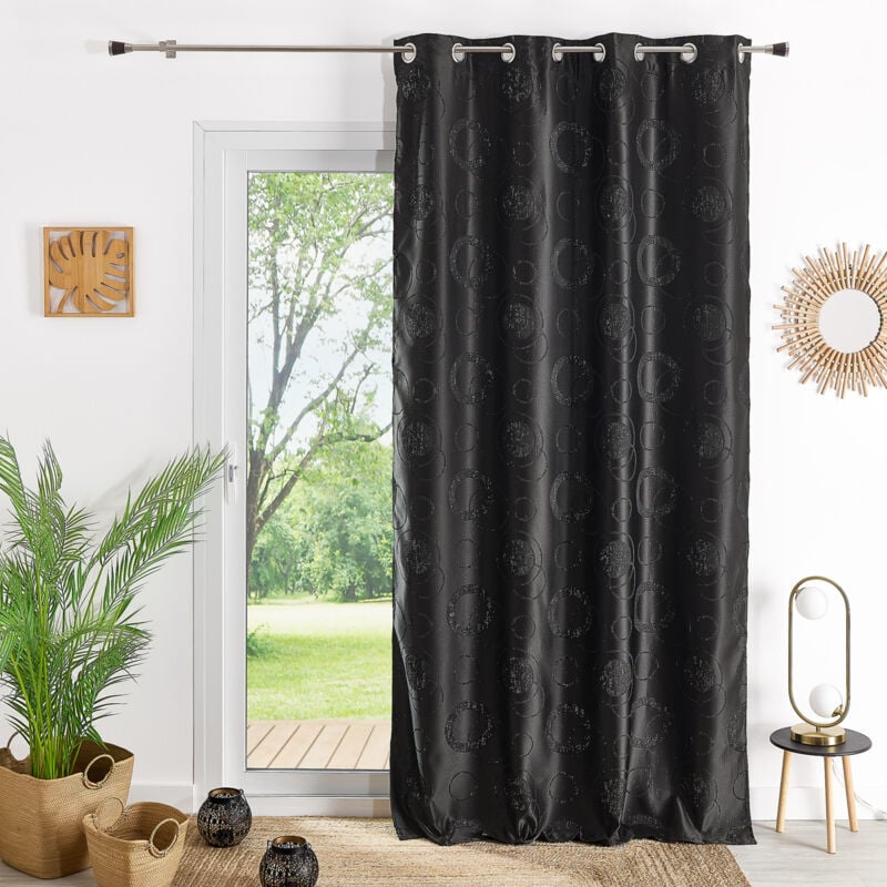 Rideau ameublement gros ronds et fils argentés Noir 140x240 cm
