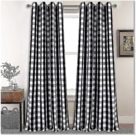 Rideaux à carreaux noirs et blancs style campagnard pour chambre à coucher, rideaux filtrant la lumière, rideaux à boutonnières pour salon, lot de 2, 132 cm de large x 213 cm de long