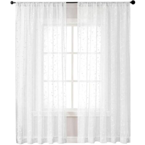 Rideaux Brodés Translucides à Oeillets pour Fenêtres - 2 Pièces 140x180 cm - Motif Étoiles Blanc