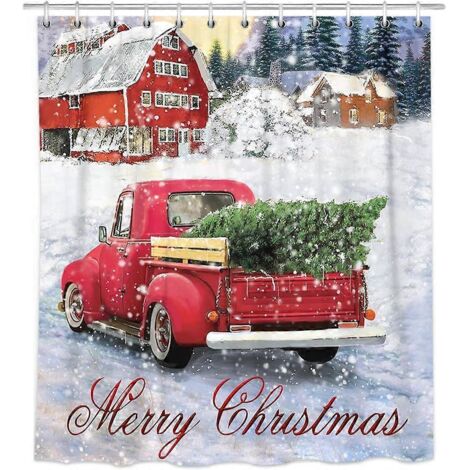 Rideaux de douche de Noël avec sapin, rideaux de douche vintage en tissu avec camion rouge, rideaux de douche de Noël avec flocons de neige